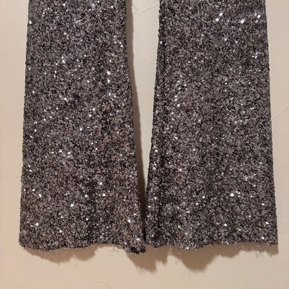 Zara Womens Dark Silver Sequin Flare Stretch Pants Sparkly Glitter Party SZ S - Picture 8 of 16